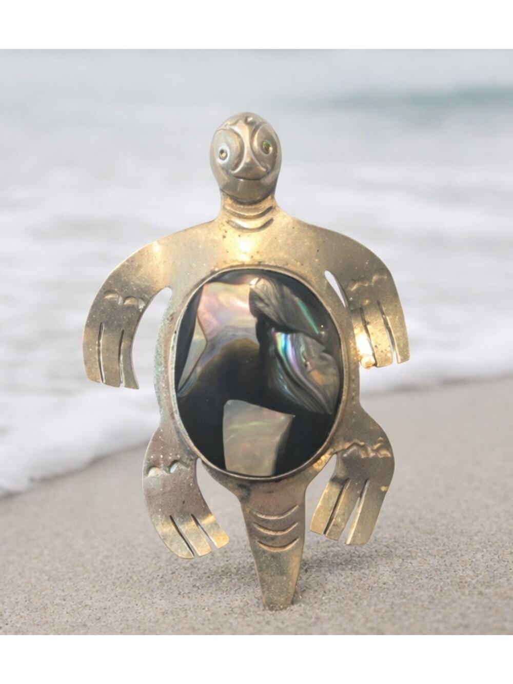 Vintage Mexico Alpaca Silver Tone Abalone Turtle Brooch Pendant